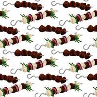 A pattern of kebabs strung on skewers. Grilling and outdoor dining. An invitation to barbecue themed, picnic banners or culinary websites, adding spice to any design. Seamless connector vector