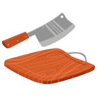 Wooden cutting board for cutting and a large knife for cutting meat. Ideal for demonstrating recipes, cooking tips, cookware commercials and cooking tutorials. isolated on a transparent vector