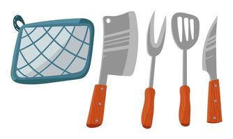 A set of kitchen knives with a wooden handle, demonstrating various types of knives, a spatula, a fork for meat, a hot pot holder. illustration. Useful for cooking blogs, recipe books vector