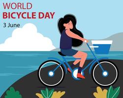 ilustración gráfico de un mujer montando un bicicleta en el playa, Perfecto para internacional día, mundo bicicleta día, celebrar, saludo tarjeta, etc. vector