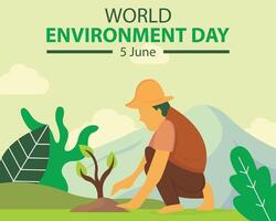 illustration graphic of a farmer is planting in the garden, showing mountain background, perfect for international day, world environment day, celebrate, greeting card, etc. vector