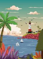 Lighthouse on rock stones island landscape, Mercusuar tower illustration in flat style vector