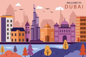 Dubai skyline concept flat illustration,Travel to Dubai concept with skyline and famous buildings landmark vector