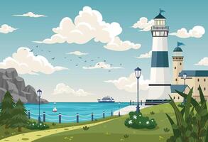 Lighthouse on rock stones island landscape, Mercusuar tower illustration in flat style vector