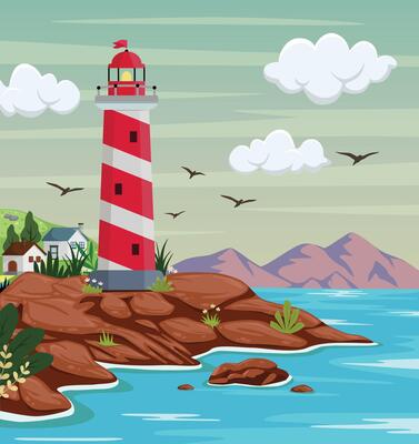 Lighthouse on rock stones island landscape, Mercusuar tower illustration in flat style