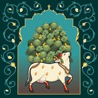 Indian Rajasthani Miniature painting with Happy looking up pichwai cow vector