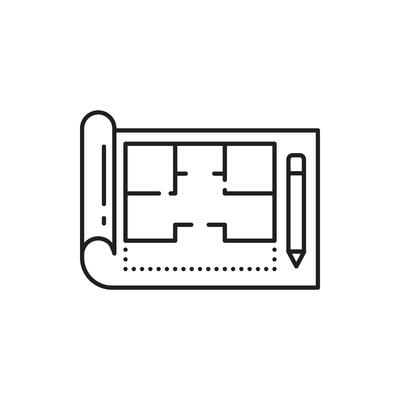 Interior design, home project and house architecture plan line icon. Apartments interior design and architect project development icon of blueprint and pencil for reals estate planning