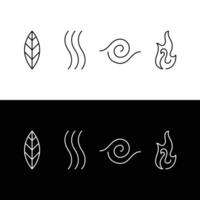 four 4 elements nature earth wind air water fire outline icons set pack minimal design web print illustration black white background vector