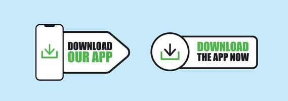 Download our App. Two label, sticker or icons for Download the app now. App promotion or marketing stickers. Mobile Application icons. Mobile phone screen having download button on plain white screen vector