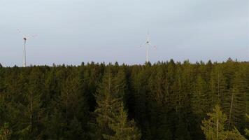 antenn se av vind bruka turbiner uppsättning upp i landsbygden med skog. producerar kraft använder sig av energi av natur. införlivande teknologi in i miljö av natur. molnig himmel. elektricitet produktion. video