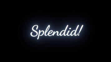 Splendid word neon blue color lights up with Popup movement and flashing lights. Text with glowing lights on black background. Nice phrase video