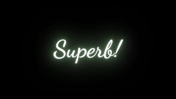 Superb word neon green color lights up with Popup movement and flashing lights. Text with glowing lights on black background. Nice phrase video