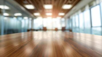 wooden table on Blurred empty open space office Abstract light bokeh at office interior background for design, photo