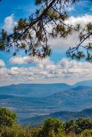 The stunning view in Forest Park from a tourist's standpoint as they go down a hill with background of blue sky, Rainforest, Thailand. Bird's eye view. Aerial view. photo