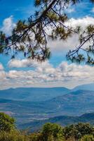 The stunning view in Forest Park from a tourist's standpoint as they go down a hill with background of blue sky, Rainforest, Thailand. Bird's eye view. Aerial view. photo