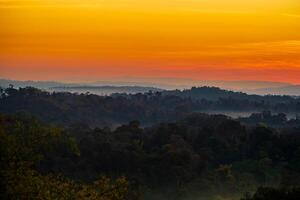 The stunning view from a tourist's standpoint as they go down a hill on a foggy trail with a hill and a background of a golden sky in Forest Park, Thailand. Rainforest. Bird's eye view. Aerial view. photo