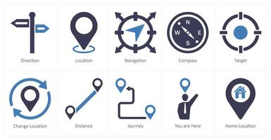 A set of 10 location icons as direction, location, navigation vector