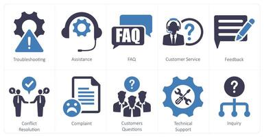 A set of 10 customer service icons as troubleshooting, assistance, faq vector