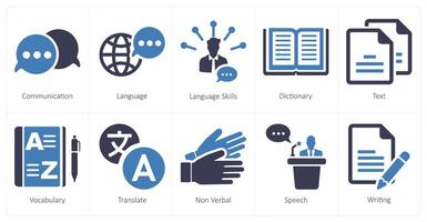 A set of 10 language icons as communication, language, language skills vector