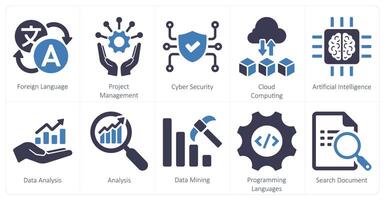 A set of 10 hard skills icons as foreign language, project management, cyber security vector