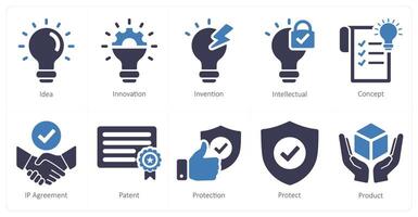 A set of 10 intellectual property icons as idea, innovation, invention vector