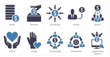 A set of 10 crowdfunding icons as money, donation, contribution, investor vector