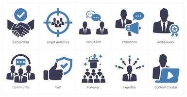 A set of 10 influencer icons as partnership, target audience, persuasion vector