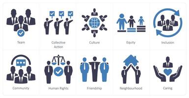 A set of 10 community icons as team, collective action, culture vector