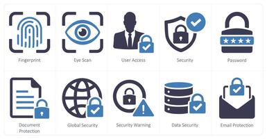 A set of 10 cyber security icons as fingerprint, eye scan, user access vector