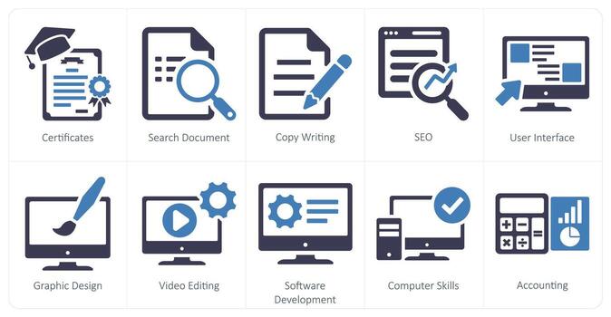 un conjunto de 10 difícil habilidades íconos como certificados, buscar documento, Copiar escritura vector