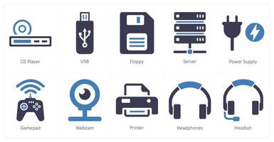 A set of 10 computer parts icons as cd player, usb, floppy vector