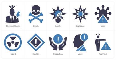 A set of 10 hazard danger icons as electrical shock, death, bomb vector