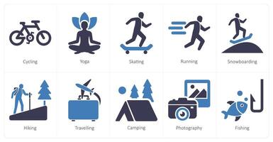 A set of 10 hobby icons as cycling, yoga, skating vector