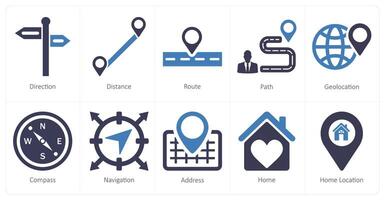 A set of 10 location icons as direction, distance, route vector