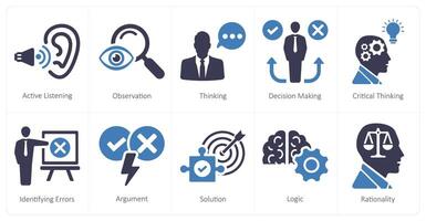 A set of 10 critical thinking icons as active listening, observation, thinking vector