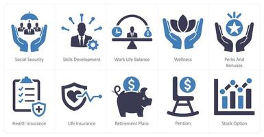 A set of 10 employee benefits icons as social security, skills development, work life balance vector