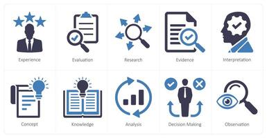 A set of 10 critical thinking icons as experience, evaluation, research vector