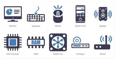 A set of 10 computer parts icons as monitor, keyboard, mouse vector