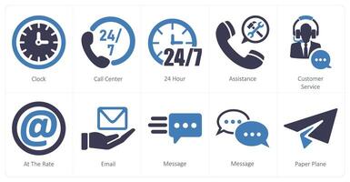 A set of 10 contact icons as clock, call center, 24 hour vector