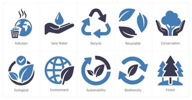 A set of 10 ecology icons as pollution, save water, recycle vector