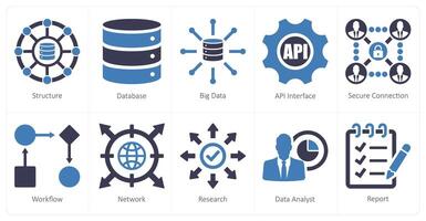 A set of 10 data analytics icons as structure, database, big data vector