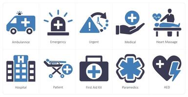 un conjunto de 10 emergencia íconos como ambulancia, emergencia, urgente vector