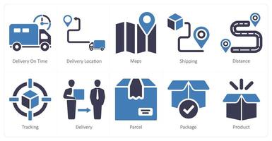 A set of 10 delivery icons as delivery on time, delivery location, maps vector