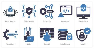 un conjunto de 10 ciber seguridad íconos como la seguridad cibernética, cifrado, código problema vector