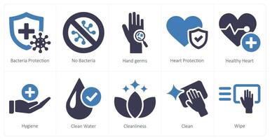 A set of 10 hygiene icons as bacteria protection, no bacteria, hand germs vector