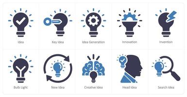 A set of 10 idea icons as idea, key idea, idea generation vector