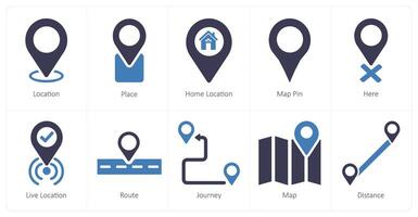 A set of 10 location icons as location, place, home location vector