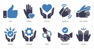 A set of 10 hands icons as like, pledge, charity vector