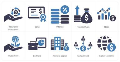 A set of 10 investment icons as return on investment, bond, interest vector