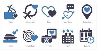 A set of 10 honeymoon icons as travel, honeymoon, love, love story vector